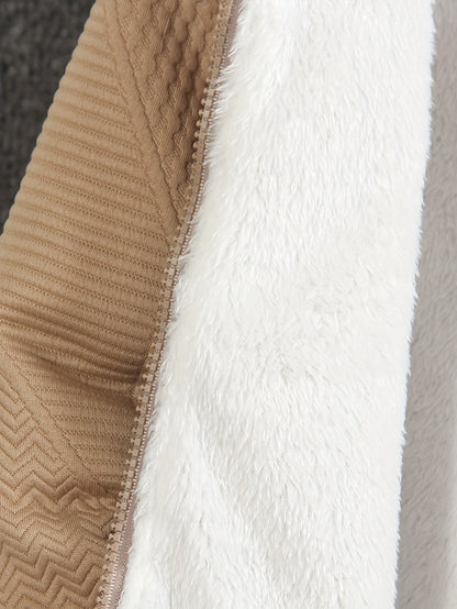 Cozy Fleece Zip-Up Hoodie & Pants Set - Beige Geometric Pattern, Long Sleeve Casual Winter Outfit with Pockets, Elastic Waistband, and Button-Up Front, Perfect for Fall/Winter, Cozy Clothing | Playful Design | Elastic Waistba