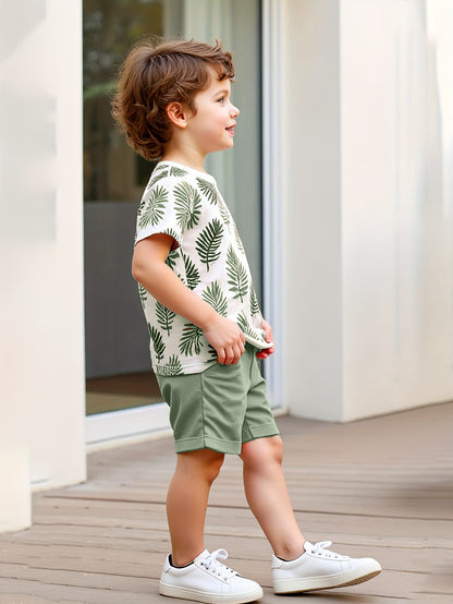 Boys' Summer Short-Sleeve Leaf Print T-Shirt & Shorts Set