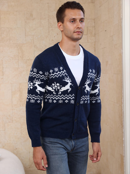 Men's Elegant Winter Sweater - Dark Brown/Black/Blue/Gray/ Navy Blue/ - Button-Up Knit Sweater with Deer & Snowflake Patterns, Long Sleeve Casual Formal Christmas Party Outfits - Spring/Fall Sweater for Everyday or Formal Eve