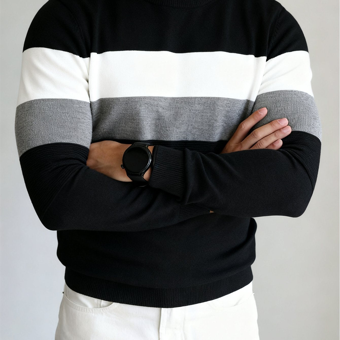 Տղամարդու սվիտեր գունային բլոկների դիզայնով, նեղ չափսերով, կլոր վզնոցով, աշուն/ձմեռ ոճով