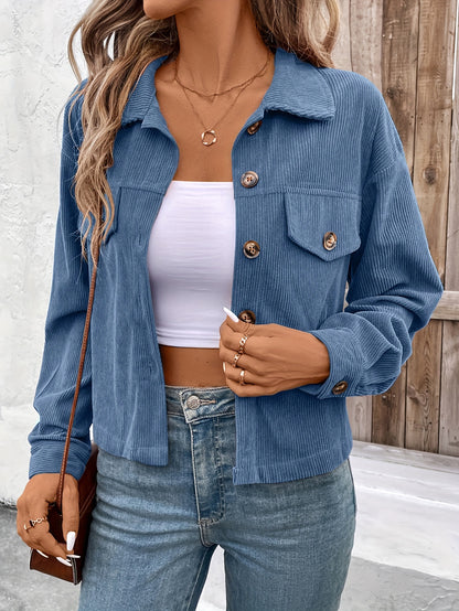 Կանացի էլեգանտ վարդագույն կոճակներով բաճկոն՝ փեղկավոր գրպաններով - Աշնանային առօրյա վերնազգեստ, երկար թևքերով, կոճակներով դետալներով, պոլիեսթերի խառնուրդով, լվացվող լվացքի մեքենայով, առօրյա վերնազգեստ | Կոճակներով բաճկոն | Պոլիեսթերի խառնուրդով բաճկոն