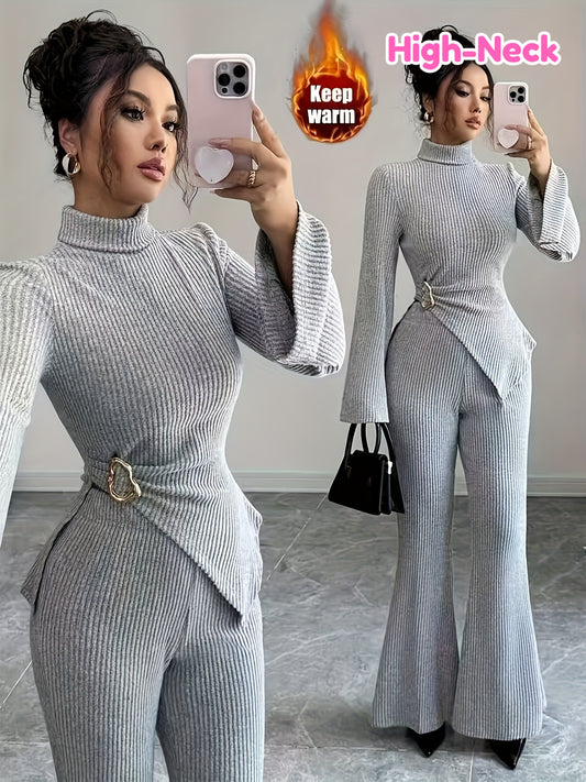 Կանացի աշուն-ձմեռային բրդյա աստառով, բարձր վզնոցով, ասիմետրիկ եզրով, երկար թևքերով տաբատ-կոստյում | Էլեգանտ միագույն դիզայն։