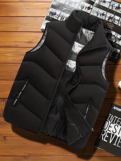 Men's Casual Sleeveless Stand Collar Vest, Thickened Warm Sweater, Autumn Winter Solid Color Zip-up Jacket, Coldproof Outdoor Top, Graphene Warmth, Fashion Webbing, Suitable for Daily Activities, Holiday Gift - ayq