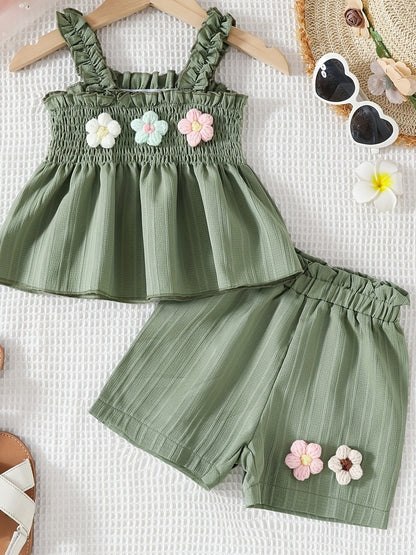 Girls' Summer Cute Floral Shorts and Sleeveless Top Set