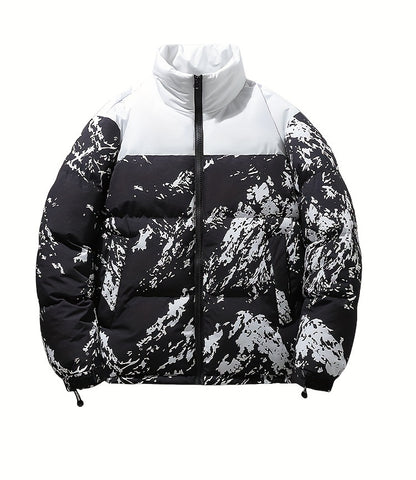 Men's Winter Jacket Windproof Coat with Stand Collar & Camo Marbled Pattern (Black/White/Grey) - Thickened Padded, Full-Zip Closure, for Skiing,, Outdoor Activities - Cold Weather Survival