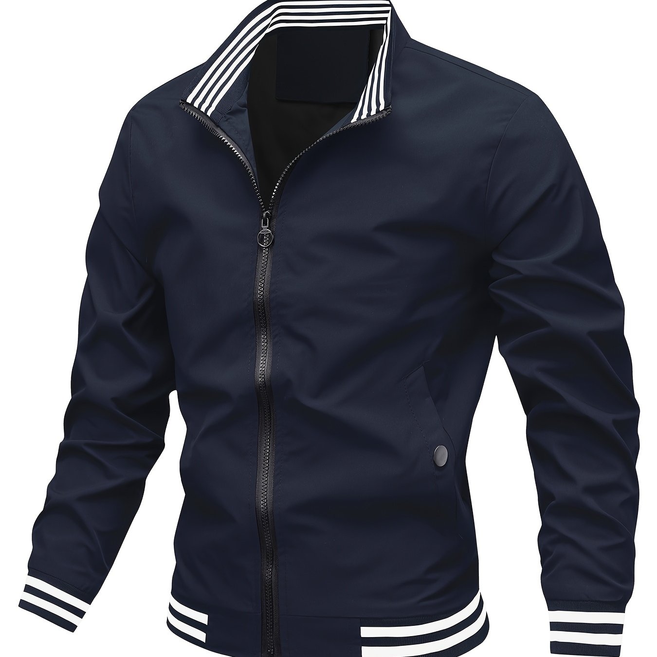 Men's Stand Collar Long Sleeve Zip Up Sports Jacket With Contrast Trim Design, Men's Spring Fall Outwear, As Gifts