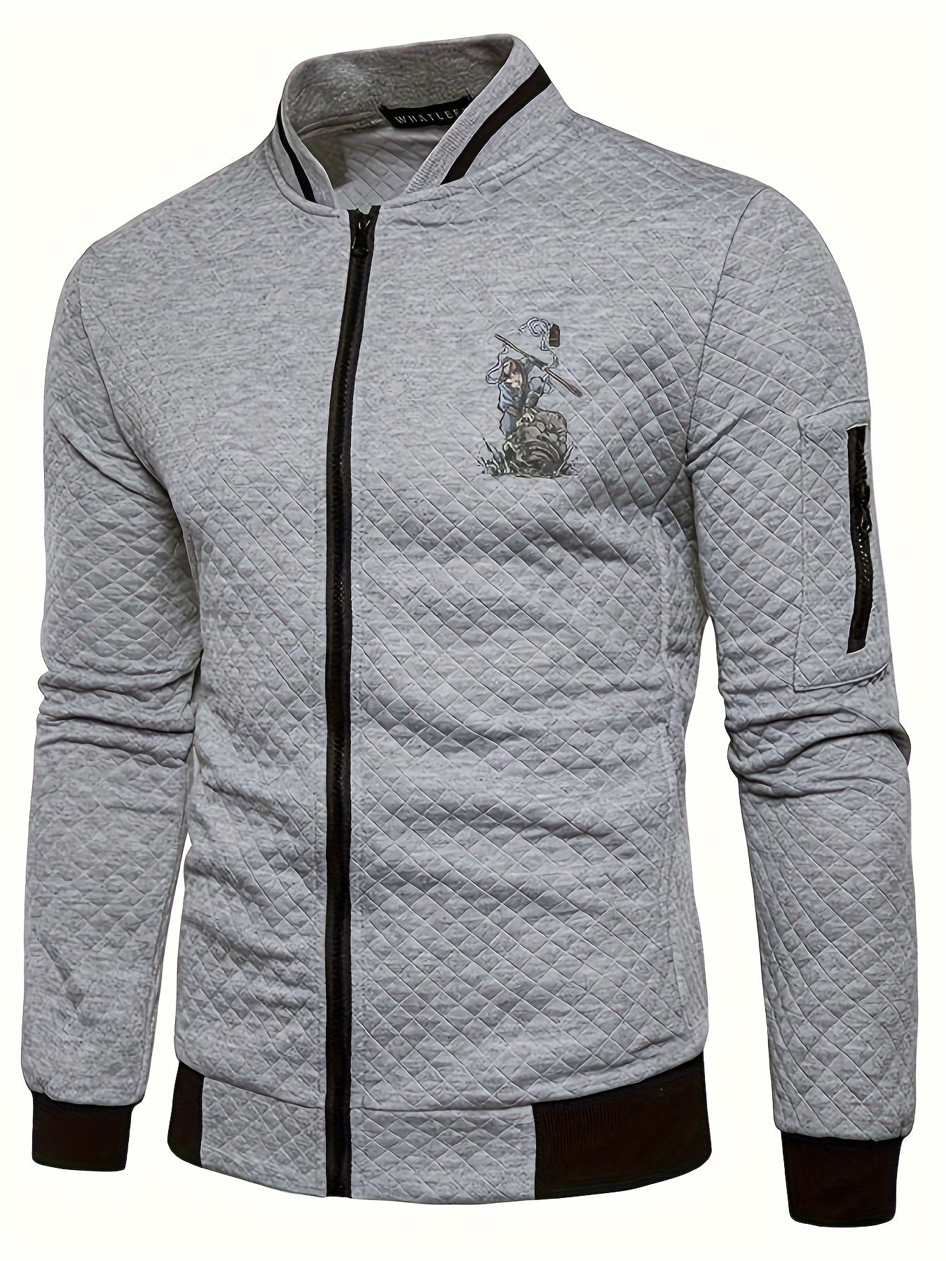 Men's Casual Stand Collar Jacket - 100% Polyester Knit Fabric with Slight Stretch, Solid Color Zippered Spring/Fall Outerwear with Cartoon Embroidery