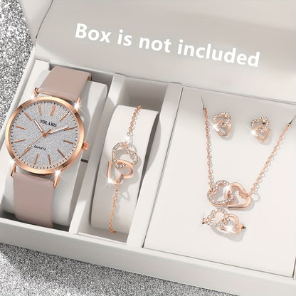 Minimalist and Elegant 6pcs Women's Quartz Watch Round Alloy Case, Simple Dial, Unique Heart Shaped Jewelry Set - Perfect Gift for Any Occasion, Elegant Accessory for Work, Ideal Choice for Halloween Gifts, Thanksgiving Gifts