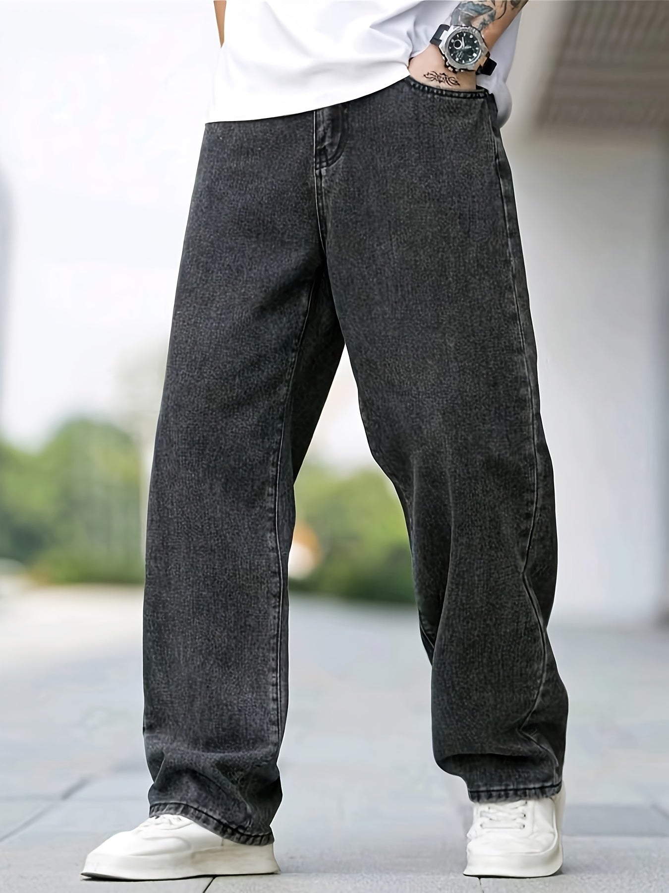 1pc Men'S Mid-Waist Loose Fit Denim Jeans - Street Style Solid Color Cotton Blend Pants with Flakes Detail, Zipper Fly, Belt Loops, All-Season Comfort for Weekend Casual Wear
