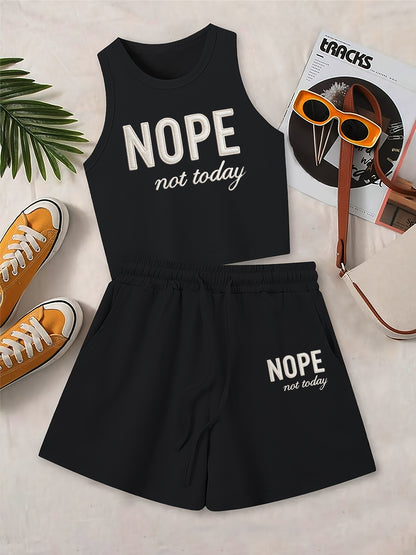 Casual Printed Vest and Shorts Set with Drawstring Pockets