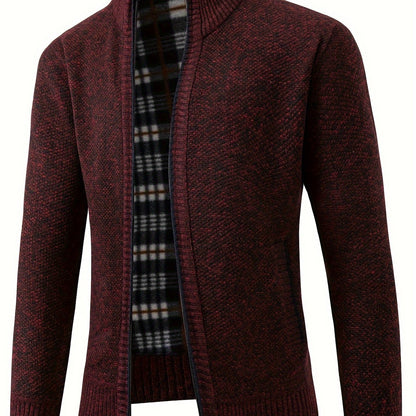Men's Solid Fleece Knitted Cardigan With Pockets, Casual Long Sleeve Turtle Neck Zip Up Warm Sweater For Winter Fall Outdoor Activities