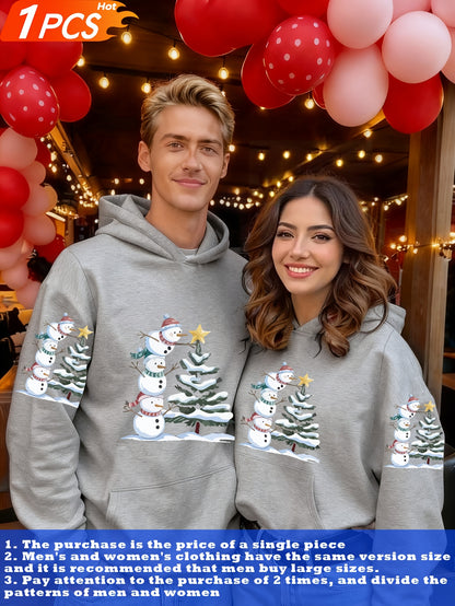 1pc Couple Matching Snowman Christmas Tree Print Oversized Hooded Sweatshirt, New Arrival Valentine'S Day Outfit, Casual Elegant Stretchy Fiber Fabric, Fleece Lined Soft Warm Long Sleeve Top For Sports, Travel & All-season We