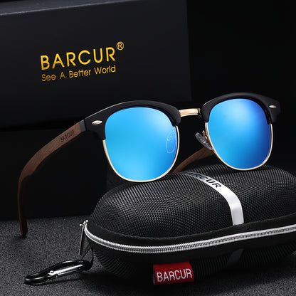 Vintage Polarized Square Sunglasses with Walnut Wood Legs