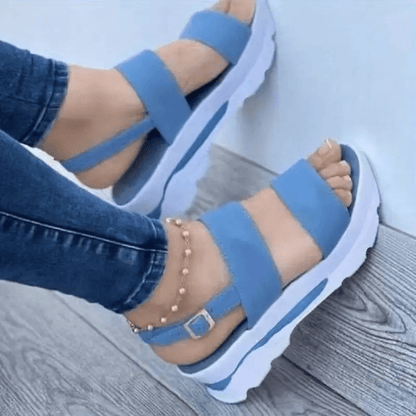 Mhysa Women's Comfortable Open-Toe Platform Sandals with Thick Sole & Golden Buckle Strap - Summer Casual White PU Cover Ankle Strap Sandals for Casual Attire, Ladies Sandals