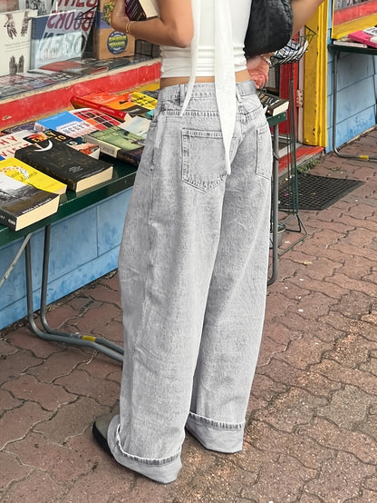 Women'S Casual Mid-Waist Wide Leg Jeans, 76% 13% Viscose 11% Polyester, Non-Stretch Denim, Solid Color, Washed Finish, Long Length, Zipper Fly, All Seasons, Woven Fabric, 390g/m² - Trendy Retro Loose Fit