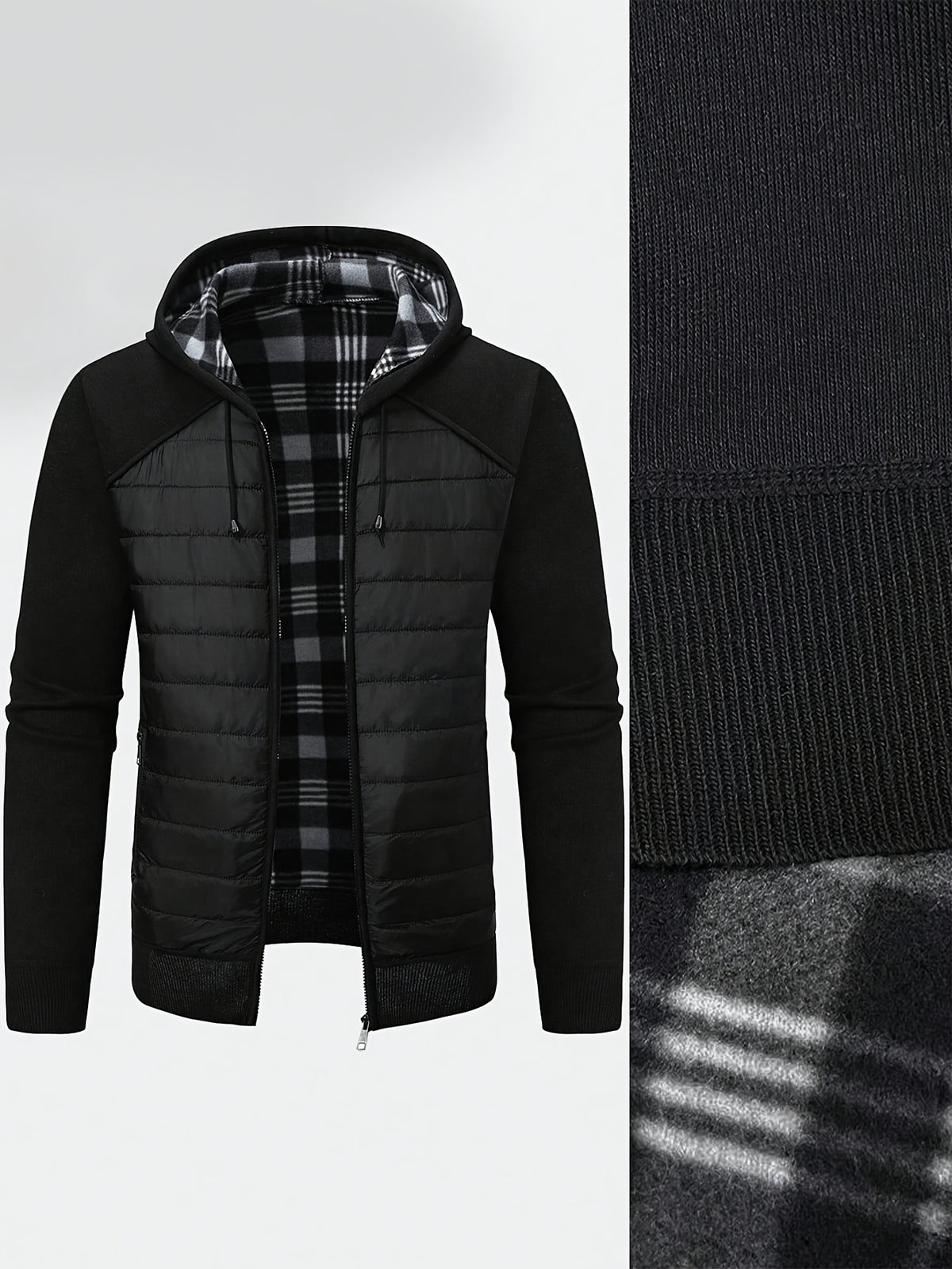 Men's Quilted Hooded Zip-Up Jacket with Plaid Lining for Winter