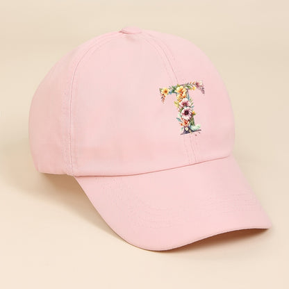 Adjustable Pink Baseball Cap for Kids with Floral Alphabet Design