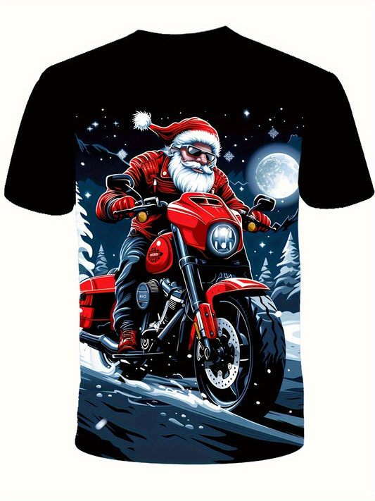 Boys' Santa Claus Motorcycle Graphic T-Shirt - 3D Print Plaid Casual Short Sleeve Tee with Snowy Night Scene, Red Motorcycle & Santa Hat, All-Season Comfort Fit for Outdoor Play & Holiday Fun, Motorcycle T Shirt, Outdoor Play