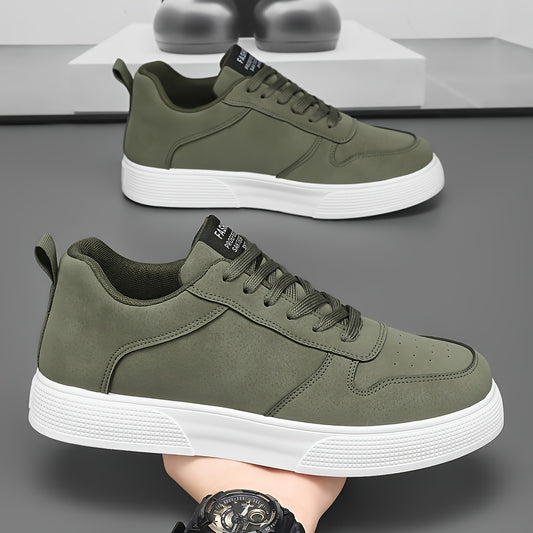 Men's Casual Sports Sneakers - Trendy Green with White Sole, Breathable PU Upper & EVA Insole, Lace-Up Low Top Skate Shoes for Teens & Adults - Versatile All-Season Footwear