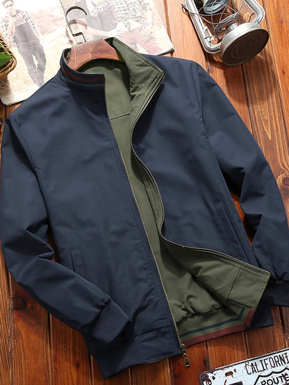 Men'S Stylish Beige Bomber Jacket with Red & Blue Trim - Double-Sided, Metal Zipper, Casual & Formal Wear, Perfect Gift for Husband or Boyfriend, Casual Outerwear | Doubleside Jacket | Polyester Lining