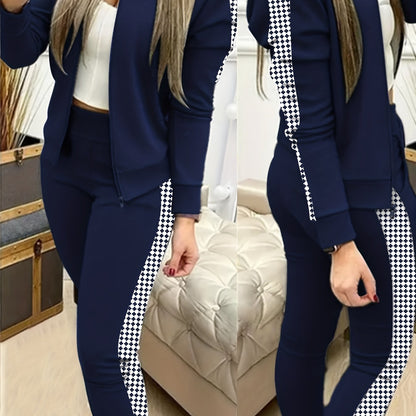Two-Piece Outfit for Women Featuring a Geometric Design, Long-Sleeve Zip-Up Jacket, And Pants with Symmetrical Pockets - ayq