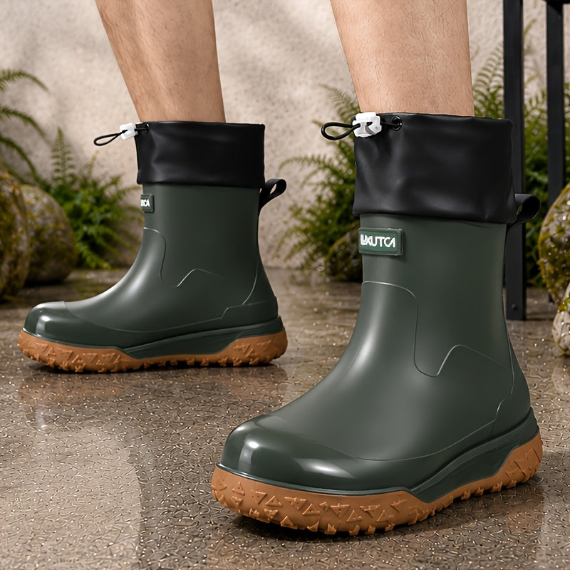 Men's Short PVC Rain Boots with Adjustable Drawstring & Tread Sole