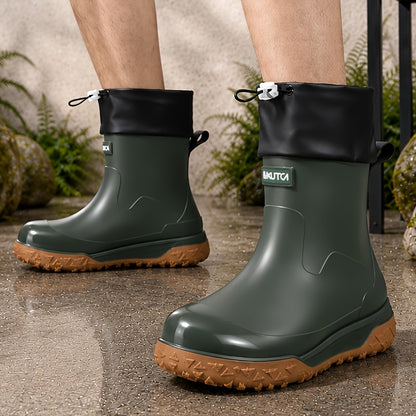 Men's Short PVC Rain Boots with Adjustable Drawstring & Tread Sole
