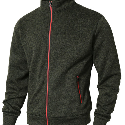 Men's Sporty Full-Zip Stand Collar Sweatshirt - Long Sleeve Casual Pullover with Neon Green Accents, Solid Color Non-Stretch Fabric, Regular Fit for Fall Winter