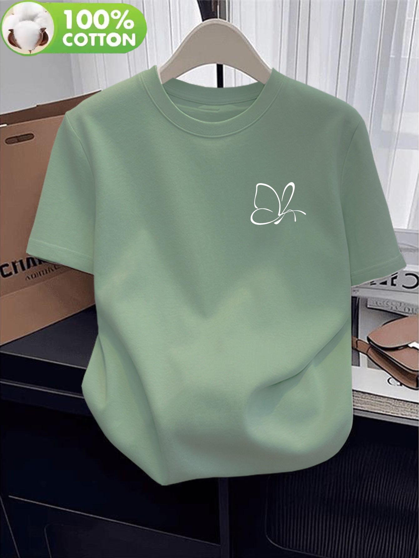 Women's Casual Cotton T-Shirt with Butterfly Applique, Lightweight Fit