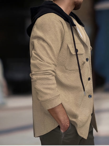 Տղամարդու առօրյա գլխարկով սվիտեր - միագույն երկար թևքով սվիտեր՝ կոճակներով առջևի մասով, սովորական չափսի աշնանային ձմեռային վերնազգեստ ամենօրյա զբոսանքների համար, սվիտեր-բաճկոն, դիմացկուն գործվածք, տրիկոտաժե