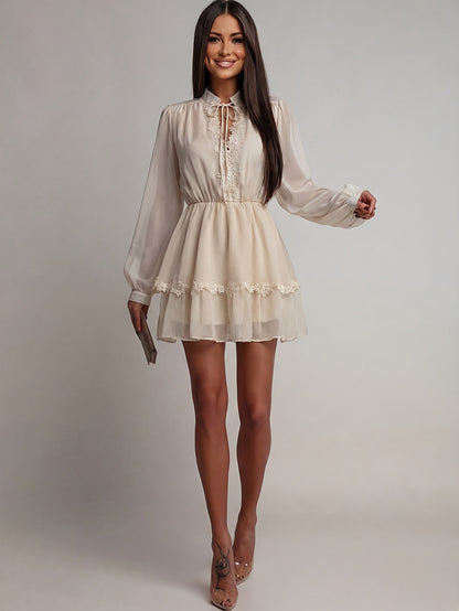 Elegant V-Neck Short Dress with Lace Trim and Ruffle Hem