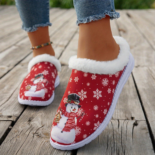 Women's Winter Plush Flocked Slippers with Snowman & Snowflake Design - Cozy Indoor/Outdoor House Shoes, Soft Sole & Warm, 4 Colors (Green, Red, Purple, Pink) - Wide Widths Available for Cold Floors