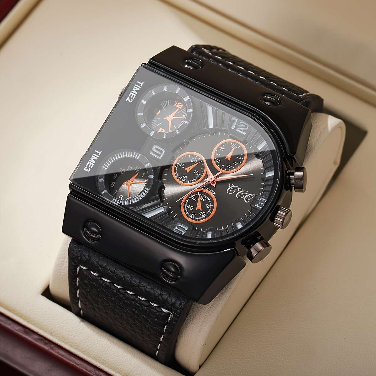 Men's Fashion Digital Dial Large Face Business Trend Quartz Watch + Bracelet Set, 4pcs Set (Watch Box Not Included)