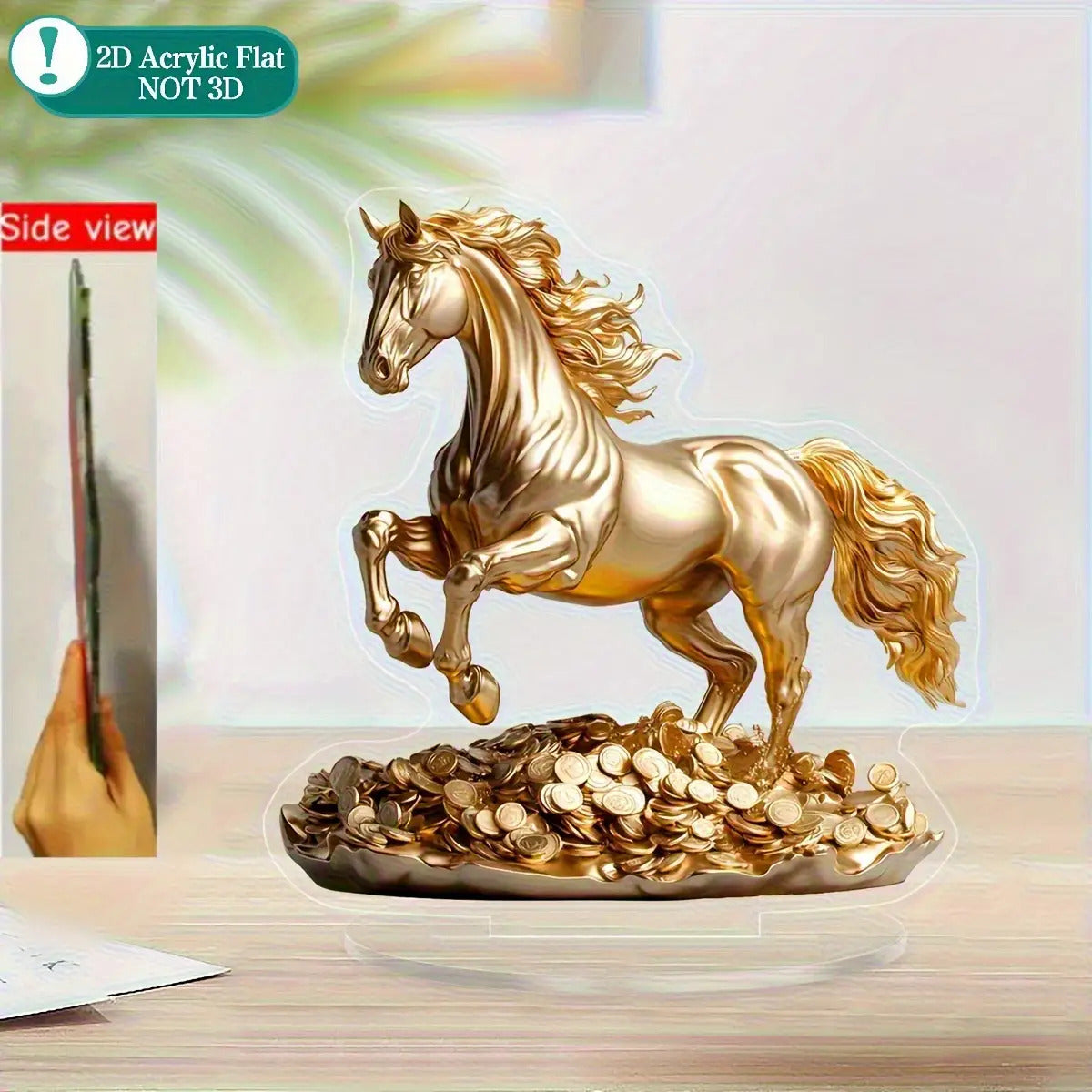 2D Flat, 1pc 2D Flat Acrylic Golden Horse Ornament - Elegant Desktop Decoration, Luxurious Golden Plating with Exquisite Mane Details and Coin Base, Suitable for Home, Office, Wedding, Christmas - Animal Theme Decor, No Assem