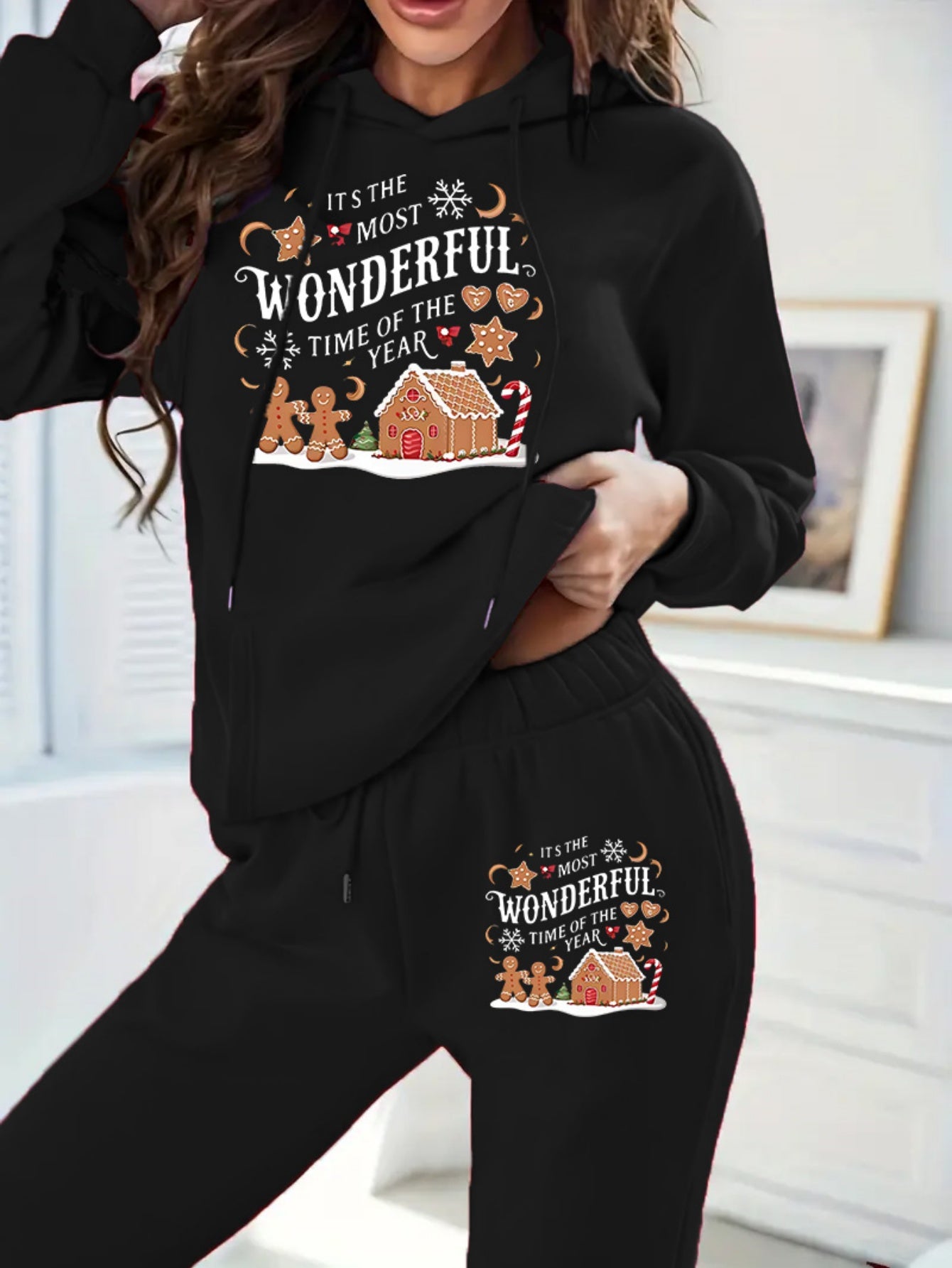 Women'S Cozy Fleece Hoodie & Sweatpants Set - "It'S the Most Wonderful Time of the Year" with Gingerbread House & Christmas Tree Design, Warm Long Sleeve Pullover with Drawstring Waist, Perfect for Fall/Winter, Christmas Paja