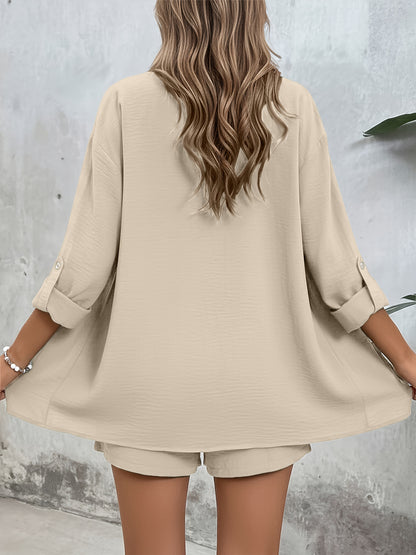 Women's Casual Long-Sleeve Shirt & High-Waist Shorts Set for Spring/Su