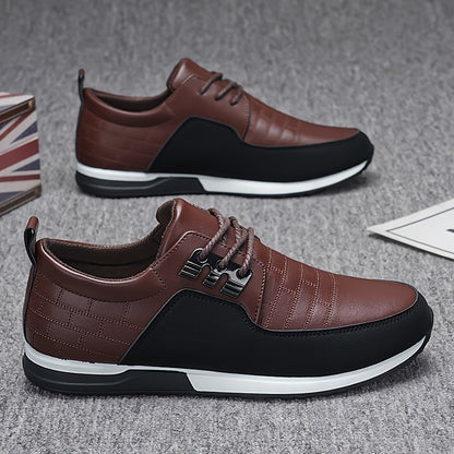 1pair Men'S Casual Business Sneakers, Round Toe, Low-Top, Solid Color, Faux Upper, with Fabric Lining, EVA Insole, PVC Sole, Lace-Up Closure for Daily and Leisure Wear