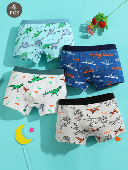 [4 հատ Cute Dinosaur Print Boys' Boxer Briefs] 4-Pack Cute Dinosaur Print Բամբակյա Բռնցքամարտիկ Տղաների համար, Փափուկ տրիկոտաժե ներքնազգեստ միջին առաձգականությամբ, սովորական պիտանի - Տղաների բամբակյա ներքնաշորեր