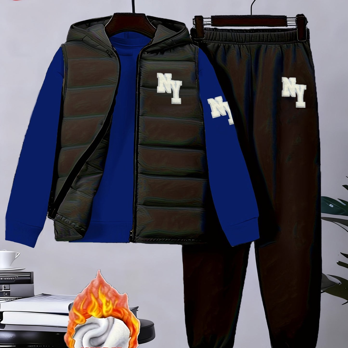 3pcs Boys' Winter Warm Uniform Set - NY Logo Lettered Jacket, Sweatshirt & Pants with Numbered Parch-Like Strips (8-12 Years) | Machine Washable 3pcs Outfit for, & Cold Weather | Non-Stretch Layered Clothing, Perfect for Outd