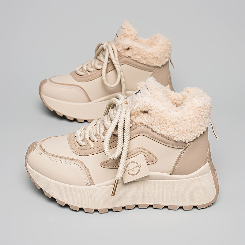 Կանացի ձմեռային ձնագնացքներ հաստ, փափուկ PVC ներբանով՝ բարձրացնող էֆեկտով - սահքից պաշտպանող, արհեստական կաշվե վերնամասով և փափուկ ծածկույթով, բեժ/սև գույն - ամենագնացքային ճկունություն սառույցի, ձյան և ամենօրյա կրման համար -