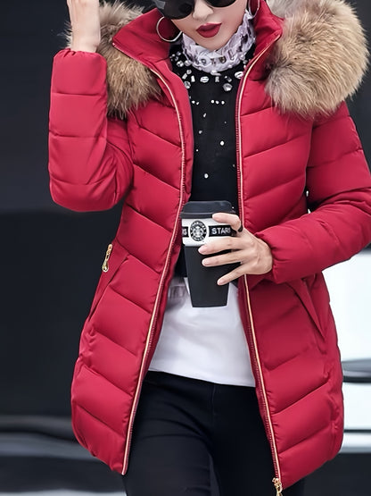 Women'S Elegant Red Mid-Length Winter Coat with Plush Fur Hood, Zip-Up Design, and Contrast Trim - Stylish All-Season Outerwear, Winter Coats And Vests