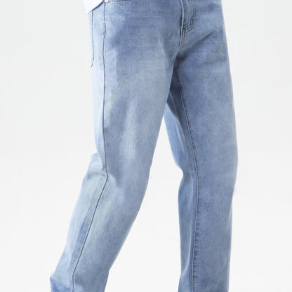 Men's Solid Denim Pants With Pockets, Stylish Cotton Blend Jeans For Outdoor Activities