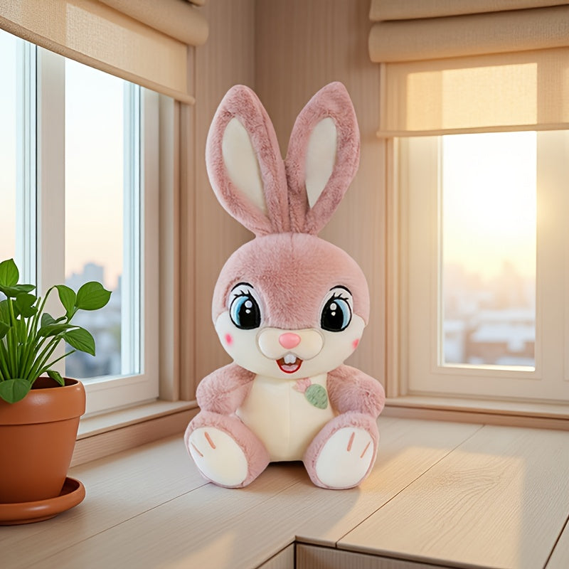 Adorable Pink Plush Bunny with Big Eyes in a Cute Sitting Pose, Featuring Gray Long Ears. A Charming Stuffed Toy Rabbit with a Carrot And Buck Teeth, Perfect for Easter Gifts And Home Decor Props, As Well As Surprise Gifts fo