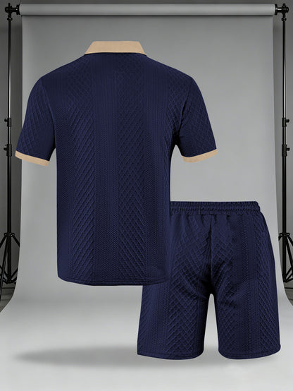 Men's Casual Summer Knitted Polo Set with Geometric Pattern