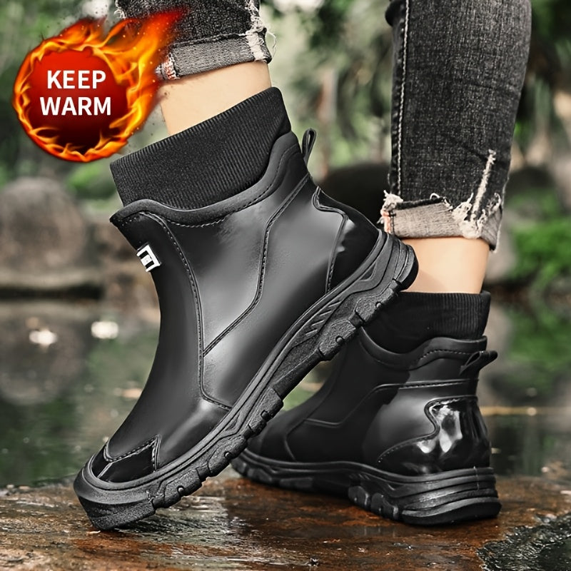 Men's Winter Plush-Lined Short Slip-On Rain Boots, Warm & Durable