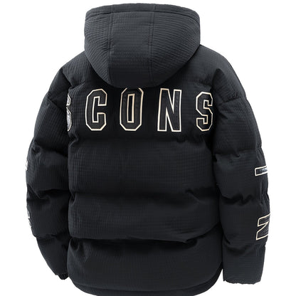 789 Men'S Stylish Thickened Winter Hooded Coat - Warm Fleece-Lined Jacket with "CONS" Letter Design, Loose Fit, White, Casual Winter Outerwear, Winter Jacket