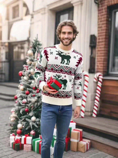 Men'S Winter Sweater - Christmas Deer & Snowflake Sweater with Red & Green Holiday Colors, Loose Fit Casual Knitwear, Drop Shoulder Long Sleeve Pullover, Soft Warm Winter Sweater for Christmas, Knit, Sweater For Men, Men Clot