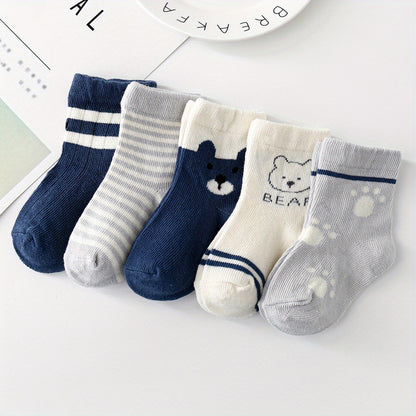 5pairs Cute Bear Footprint Striped Knit Socks, Soft Comfortable Thin Breathable Socks Baby Boys And Girls Accessories