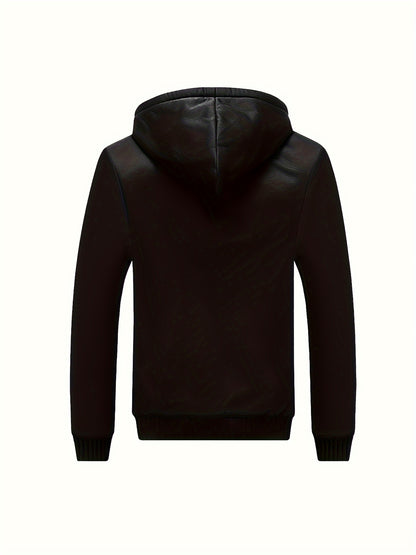 Color Block Sherpa Lined Men's Hooded Jacket, Casual Long Sleeve Hoodies With Zipper, Gym Sports Hooded Coat For Winter Fall