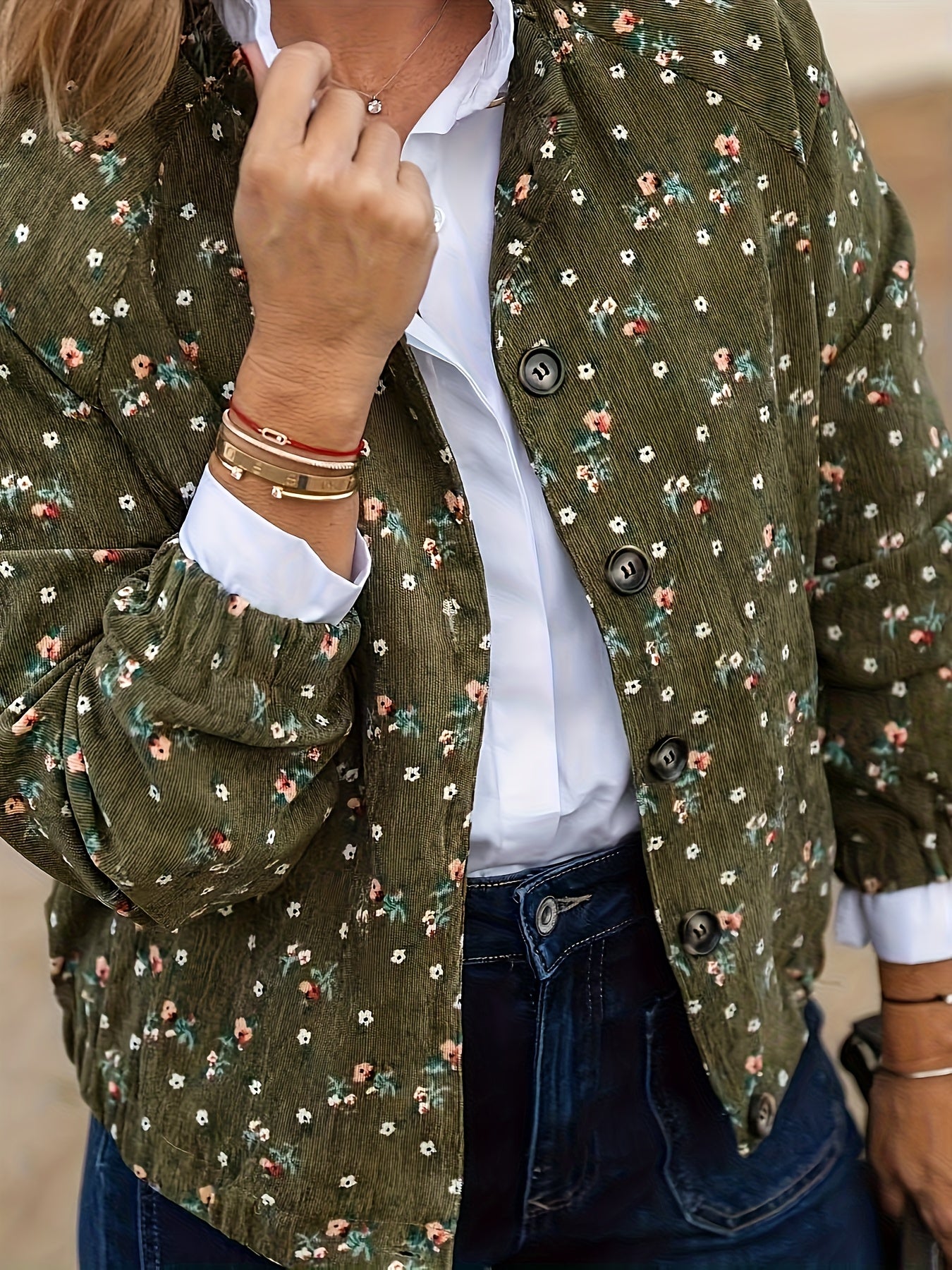 Women's Elegant Vintage Floral Print Pilot Jacket - Dark Green/Black/Brown/Gray/Beige with White/Red/Brown Flowers, Structured Collar & Chest Pockets, Machine Washable Spring/Fall Outerwear, Casual to Formal Events, Retro Sty